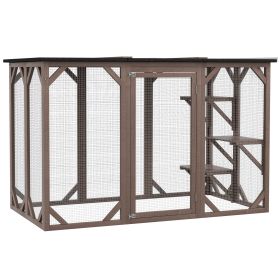 PawHut Spacious Wooden Outdoor Cat Enclosure Catio with 3 Platforms Weather-Resistant 71 x 32 x 44 Brown
