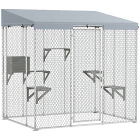 PawHut 79" Galvanized Steel Large Catio with Waterproof Canopy, Sleeping Box, Jumping Platforms, for 1-3 Kittens, Silver