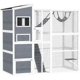PawHut Large Wooden Catio Outdoor, Cat Enclosure w/ 4 Tier Resting Rooms, 3 Platforms, 1 Soft Ladder, 2 Ramps, 1 Hammock, Gray