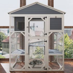 Gray Wooden Catio Outdoor Cat house Enclosure with Waterproof Top, 3 Platforms & 2 Napping House Small Pet Animal Cage